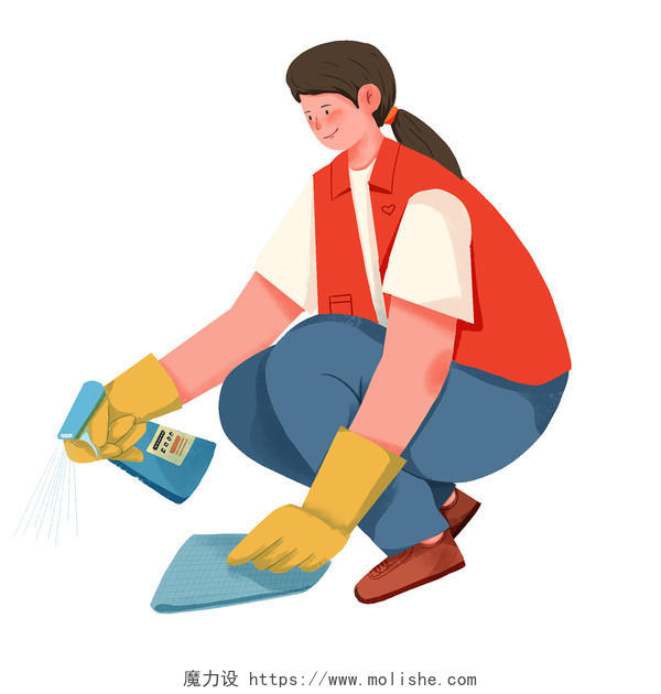 扁平志愿者打扫卫生女孩献爱心插画公益活动雷锋纪念日